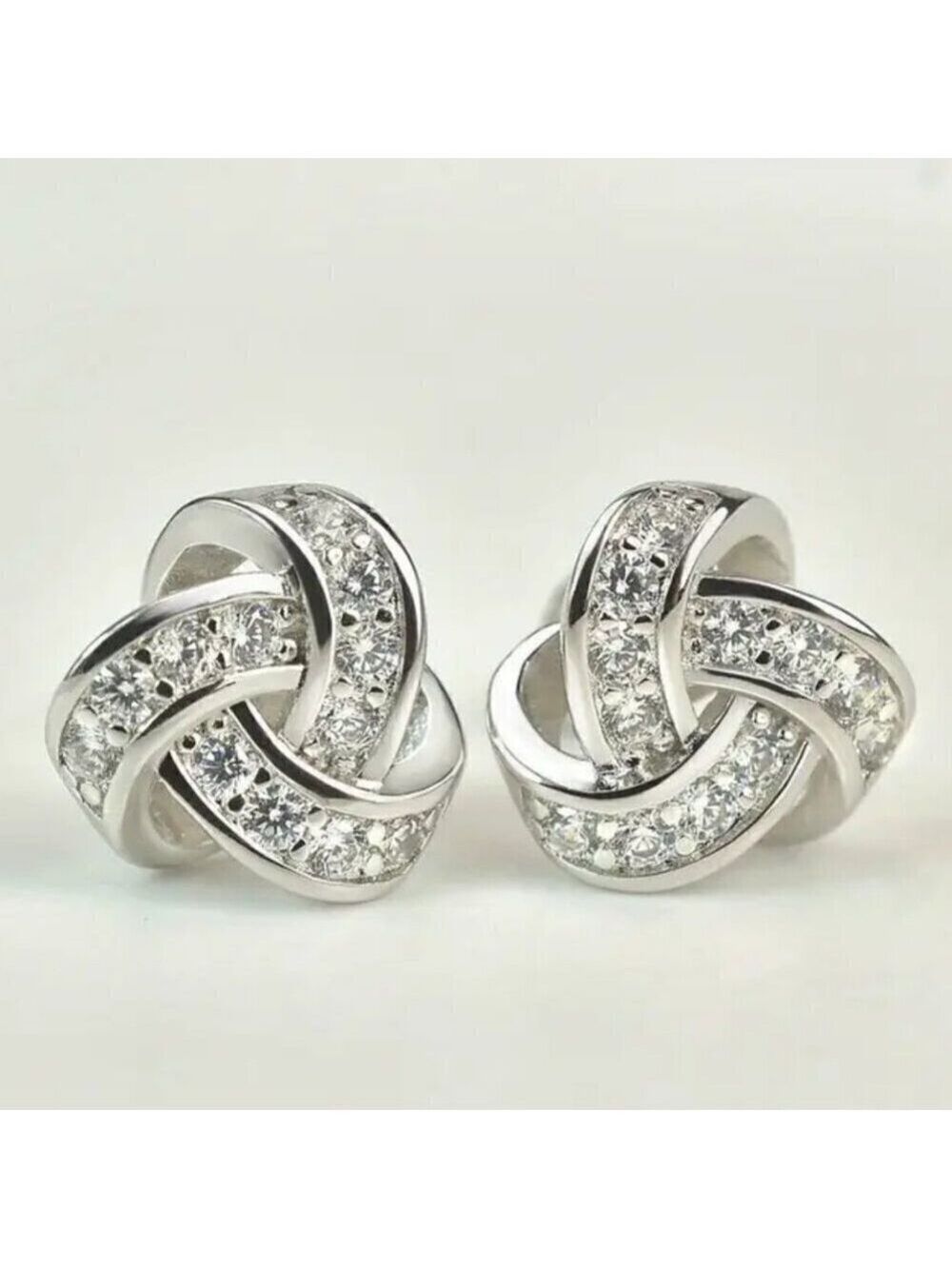 CZ and Silver Tone Bling Knot Stud Earrings #1456
